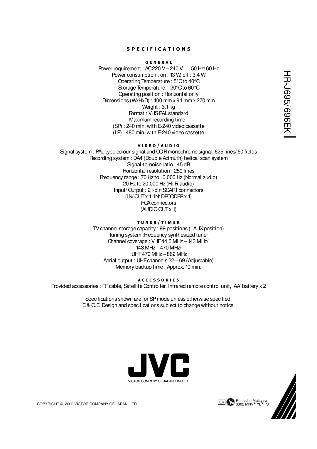 JVC HR-J695EK, HR-J696EK manual HR-J695/696EK 