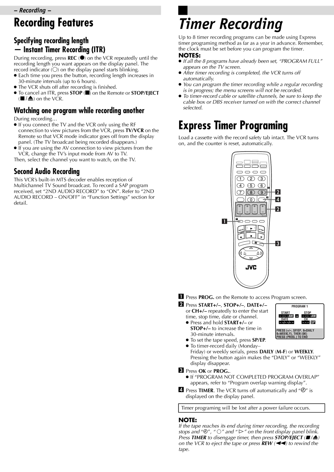 JVC HR-J695U manual Timer Recording, Recording Features, Express Timer Programing, Second Audio Recording 