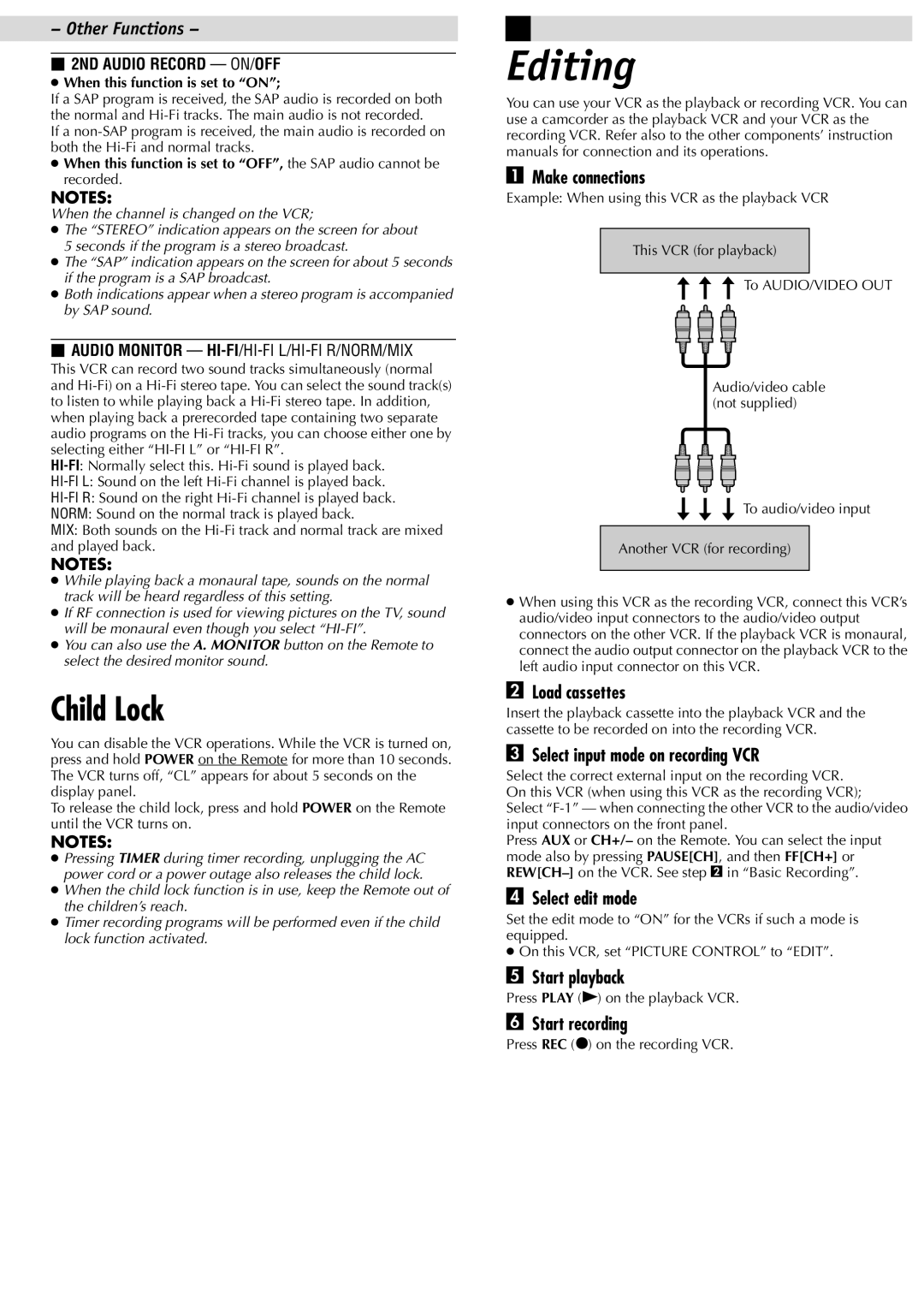 JVC HR-J695U manual Editing, Child Lock 