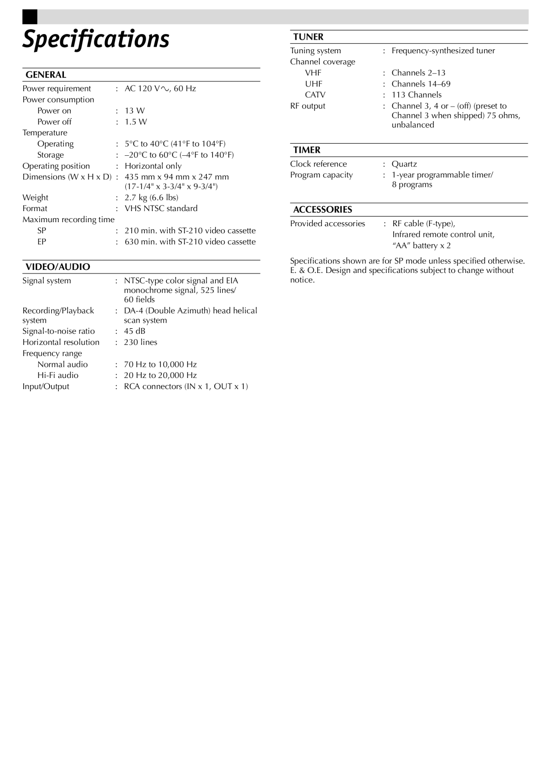 JVC HR-J695U manual Specifications 