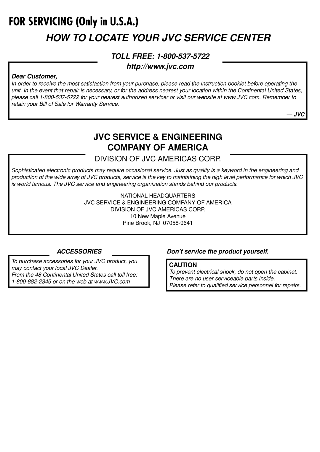 JVC HR-J695U manual For Servicing Only in U.S.A, HOW to Locate Your JVC Service Center 