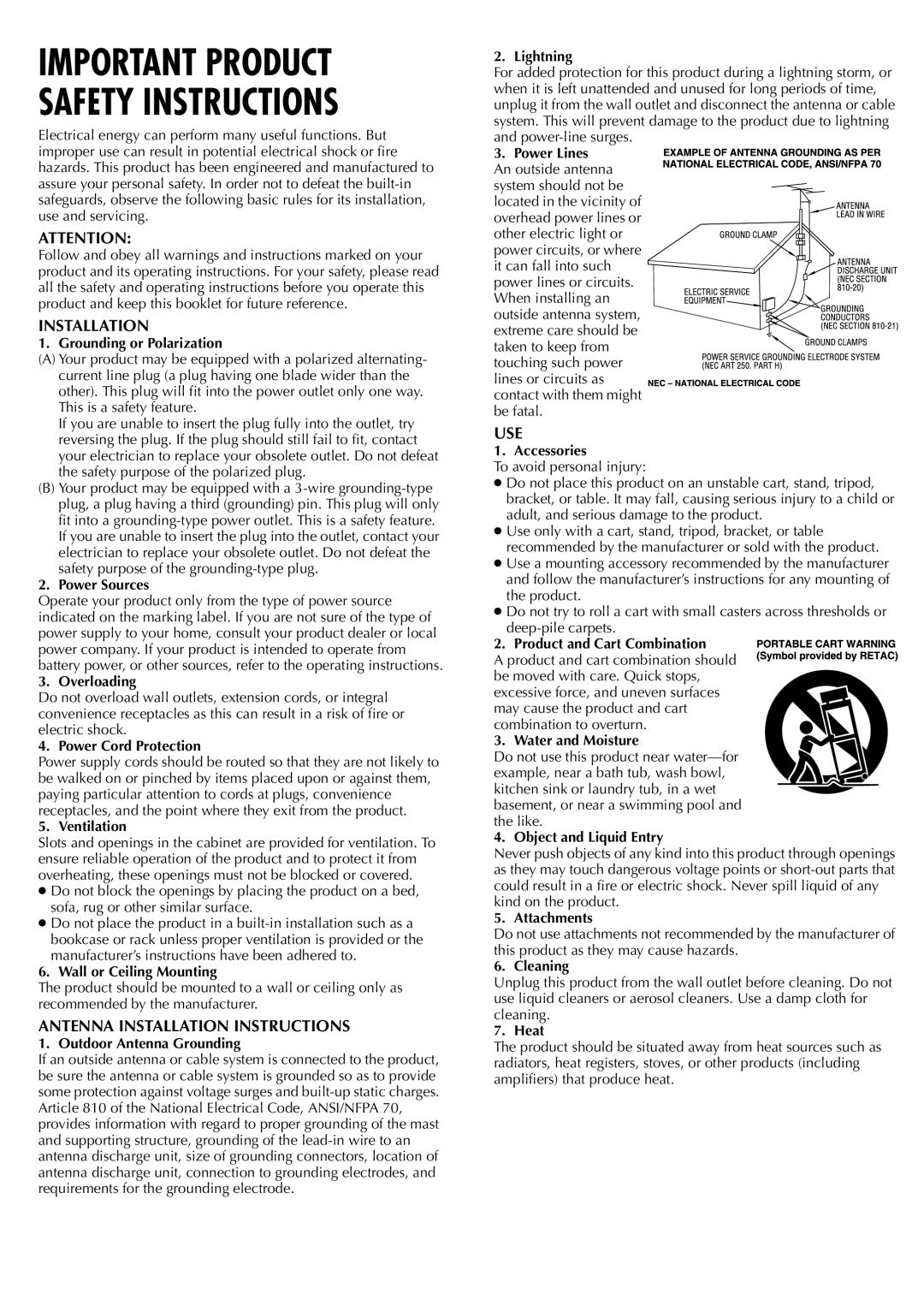 JVC HR-J695U Grounding or Polarization, Power Sources, Overloading, Power Cord Protection, Ventilation, Lightning, Heat 