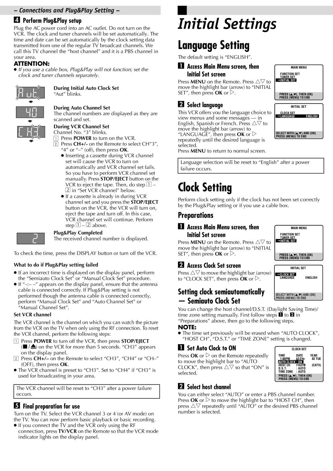 JVC HR-J695U manual Initial Settings, Language Setting, Clock Setting, Preparations, Semiauto Clock Set 