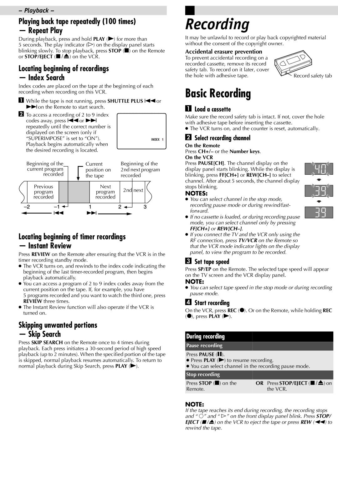 JVC HR-J695U manual Basic Recording 