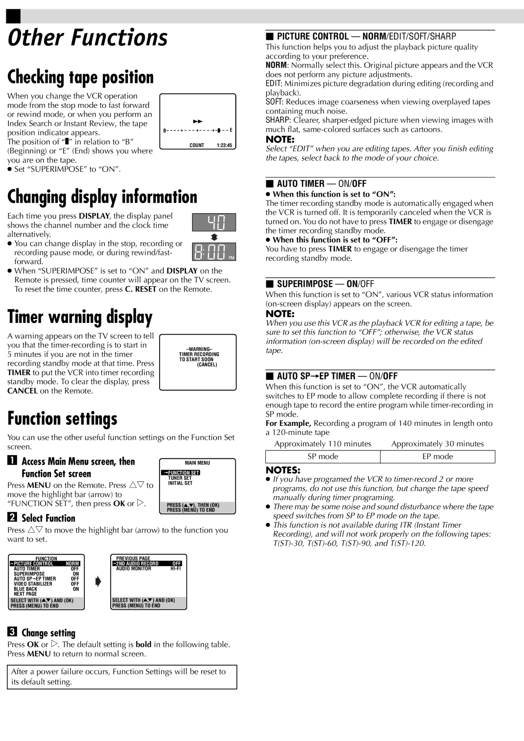 JVC HR-J698U manual Other Functions, Checking tape position, Function settings 