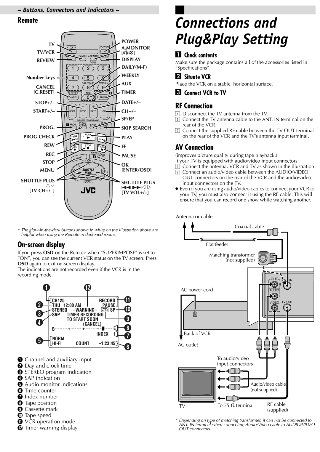 JVC HR-J698U manual Remote, On-screen display, RF Connection, AV Connection 