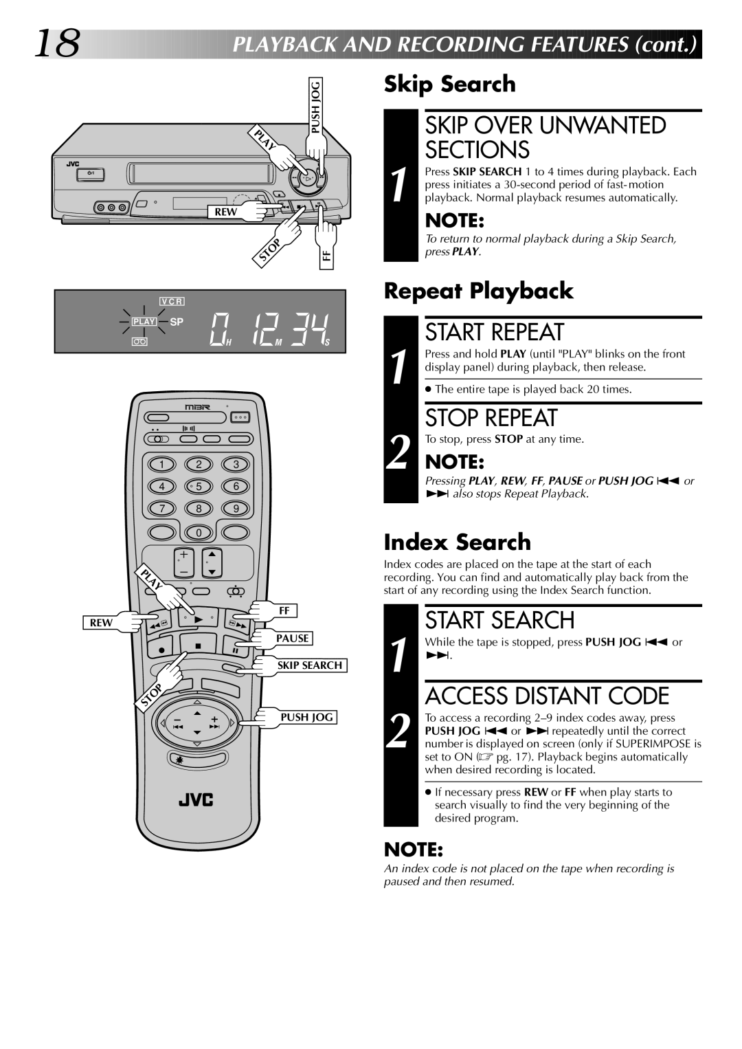 JVC HR-J7004UM manual Skip Over Unwanted Sections, Start Repeat, Stop Repeat, Start Search, Access Distant Code 