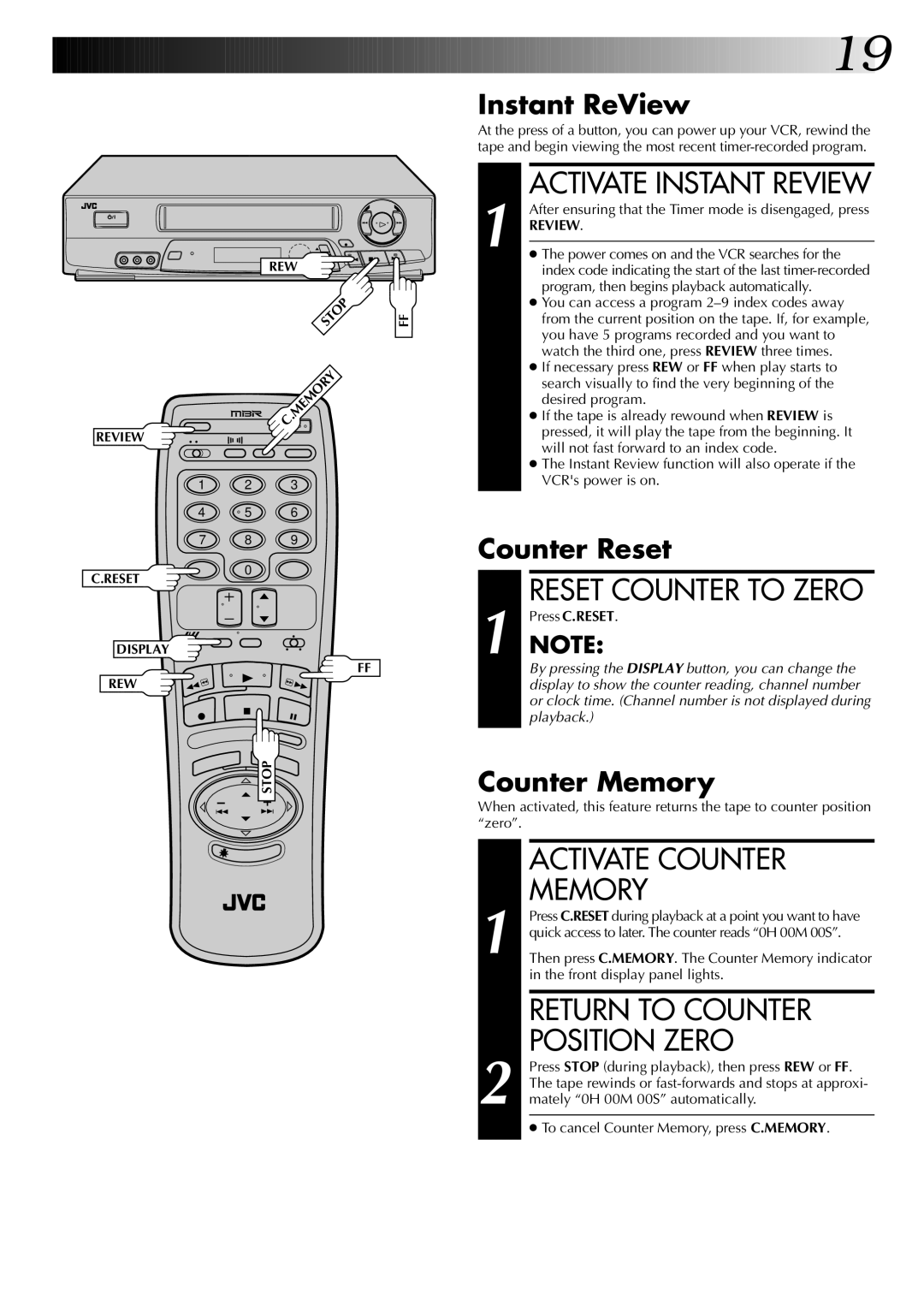 JVC HR-J7004UM manual Activate Counter, Memory, Return to Counter Position Zero 