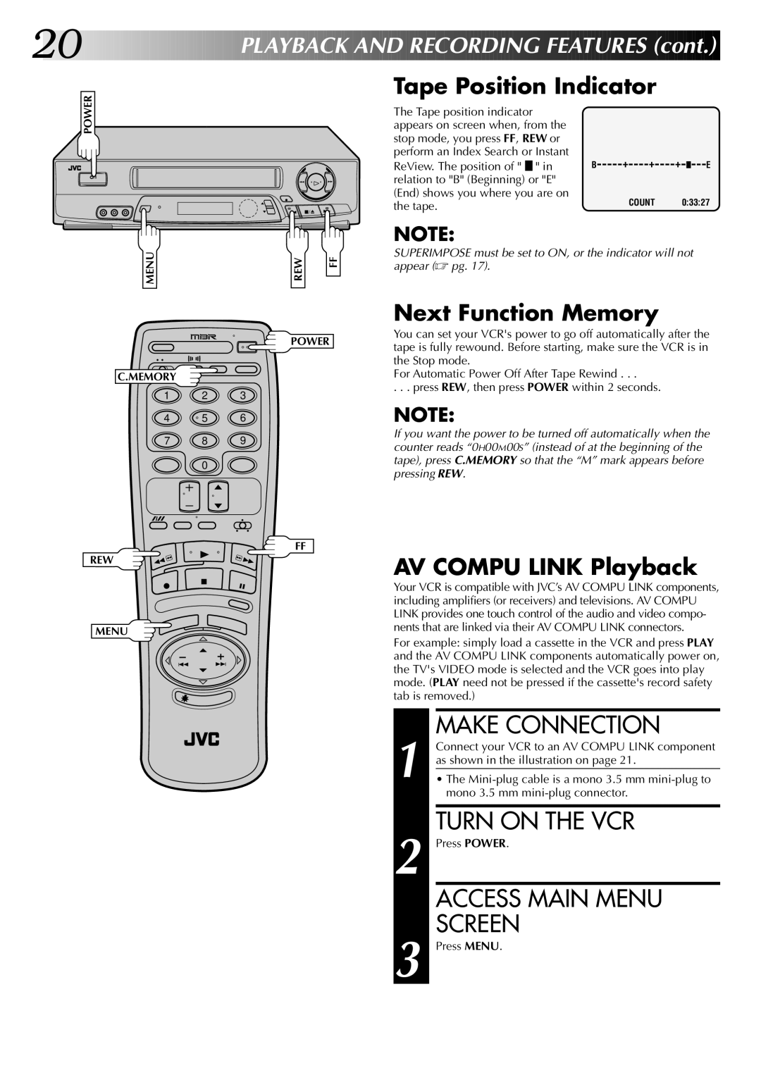 JVC HR-J7004UM manual Make Connection, Tape Position Indicator, Next Function Memory, AV Compu Link Playback 