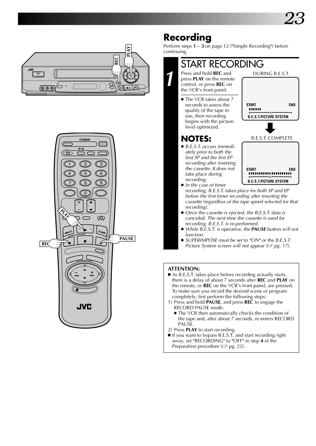 JVC HR-J7004UM manual Recording, Press and hold REC, Quality of the tape Use, then recording 