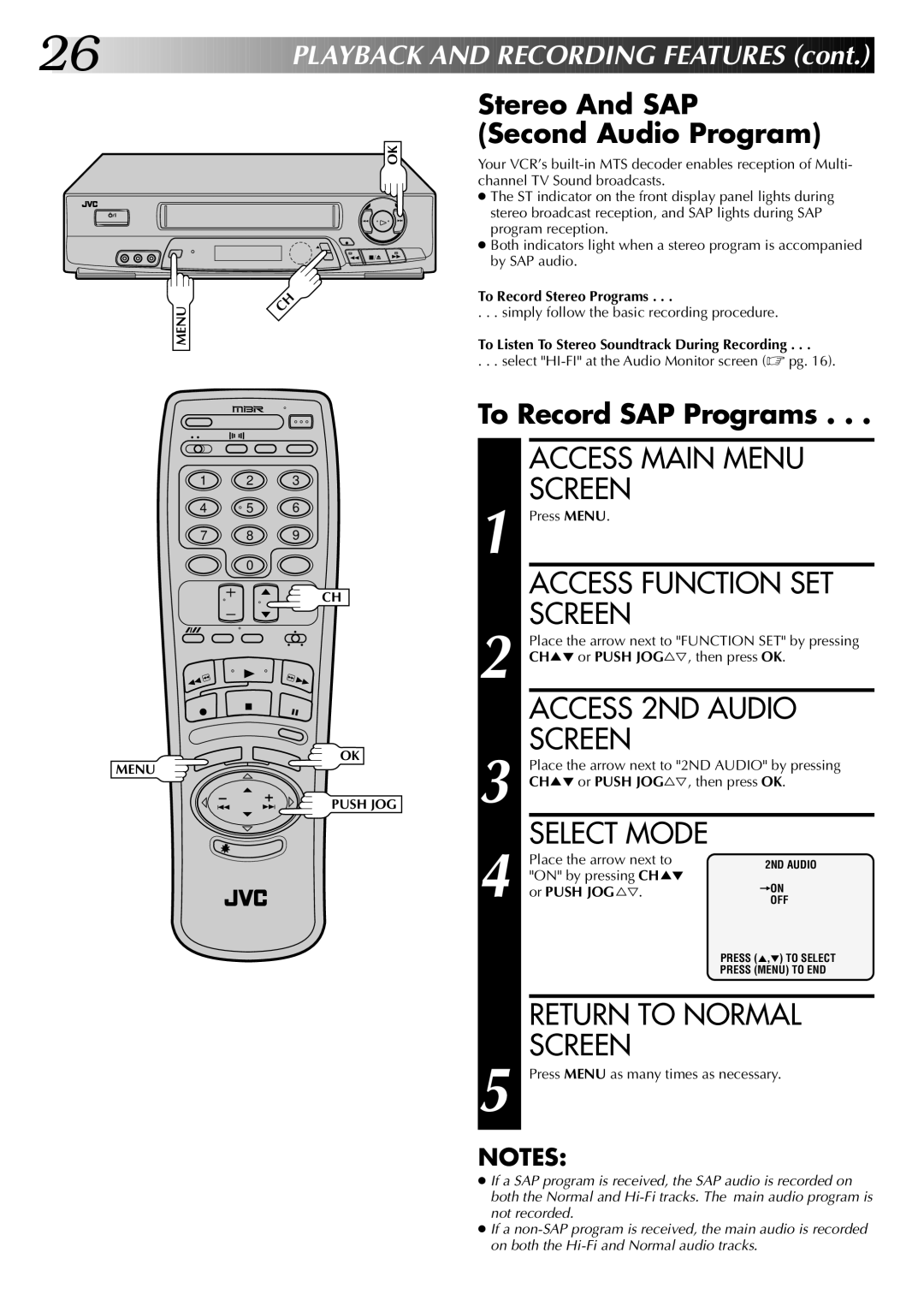 JVC HR-J7004UM Access 2ND Audio, Stereo And SAP Second Audio Program, To Record SAP Programs, To Record Stereo Programs 