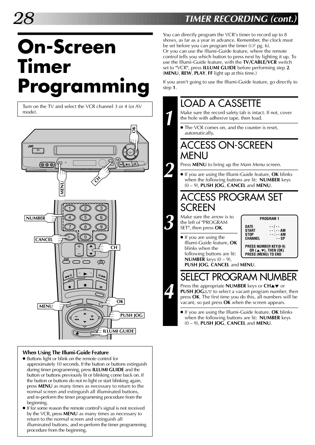 JVC HR-J7004UM manual On-Screen Timer Programming, Access Program SET Screen, Push JOG, Cancel and Menu 