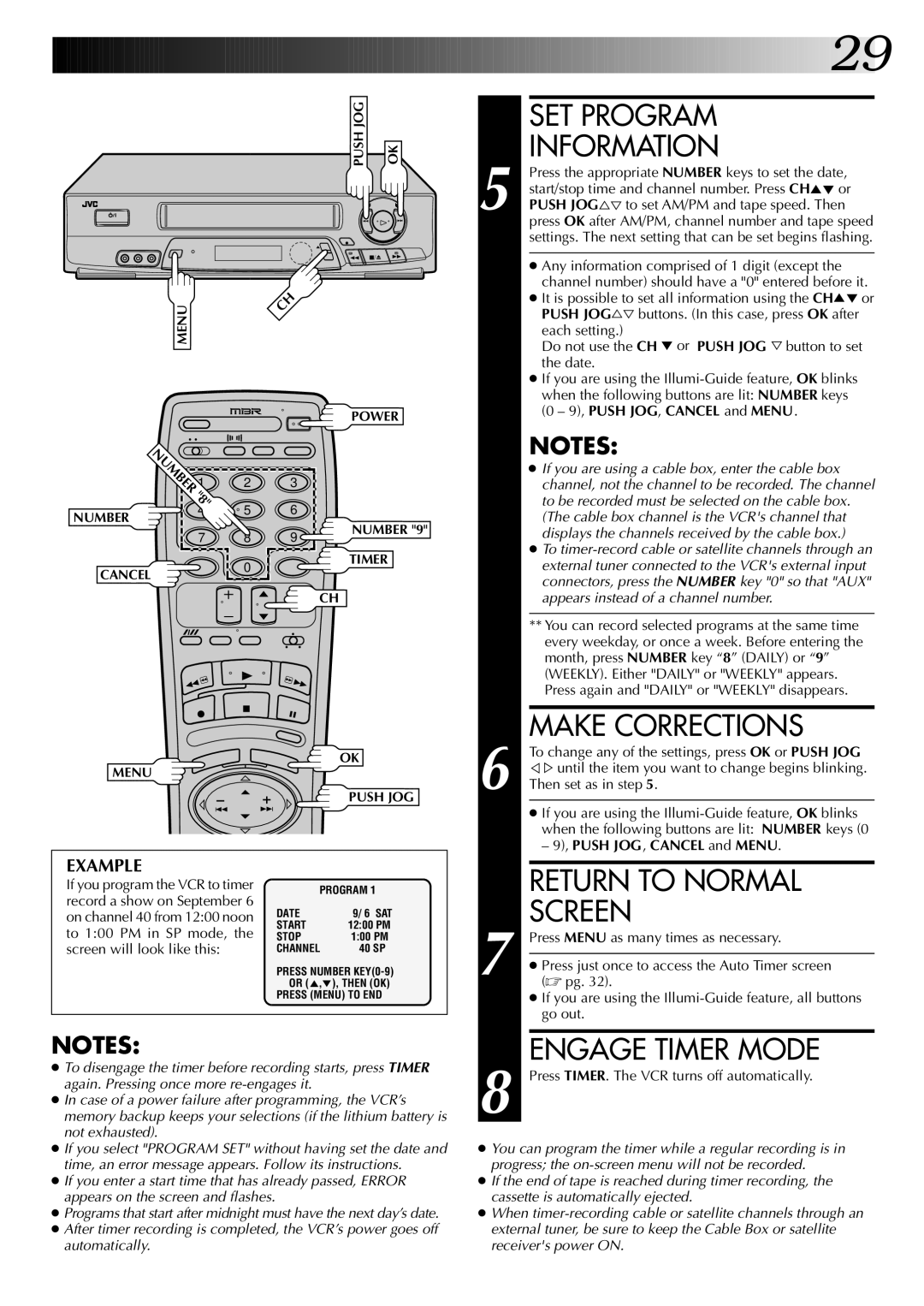 JVC HR-J7004UM manual SET Program Information, Engage Timer Mode 