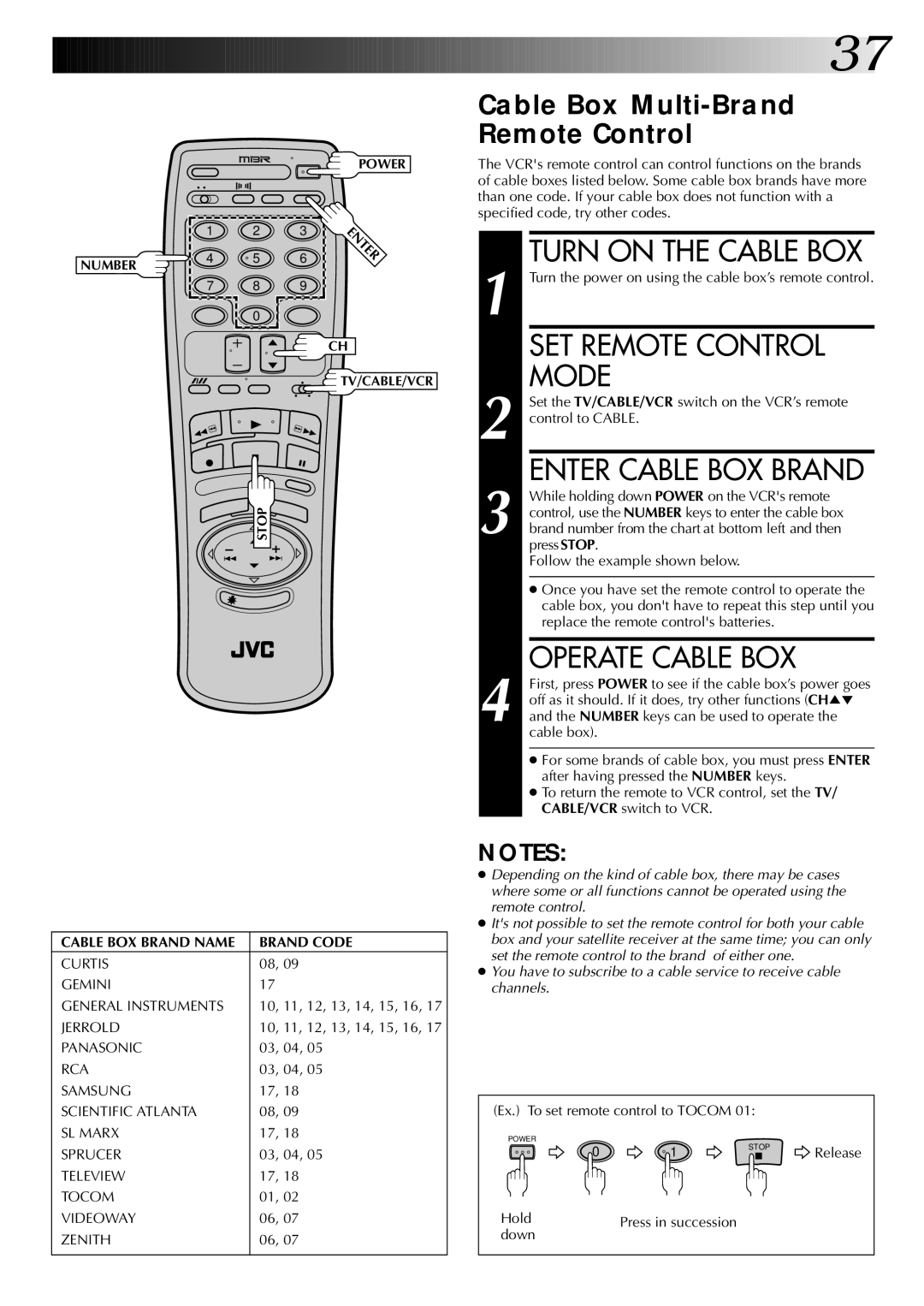 JVC HR-J7004UM manual Turn on the Cable BOX, Enter Cable BOX Brand, Operate Cable BOX, Cable Box Multi-Brand Remote Control 