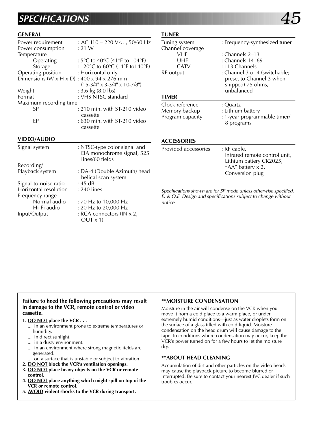 JVC HR-J7004UM manual Specifications 