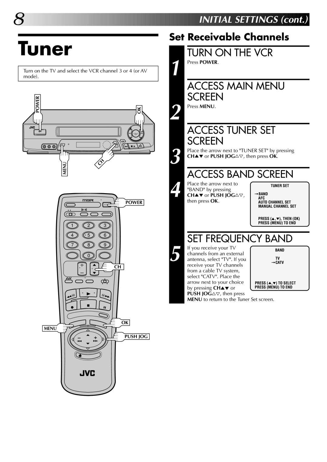 JVC HR-J7004UM manual Access Main Menu, Access Tuner SET, Access Band Screen, SET Frequency Band 