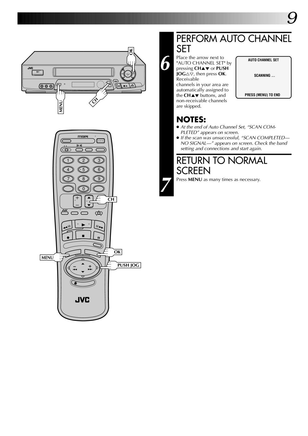 JVC HR-J7004UM manual Perform Auto Channel SET, Return to Normal Screen 