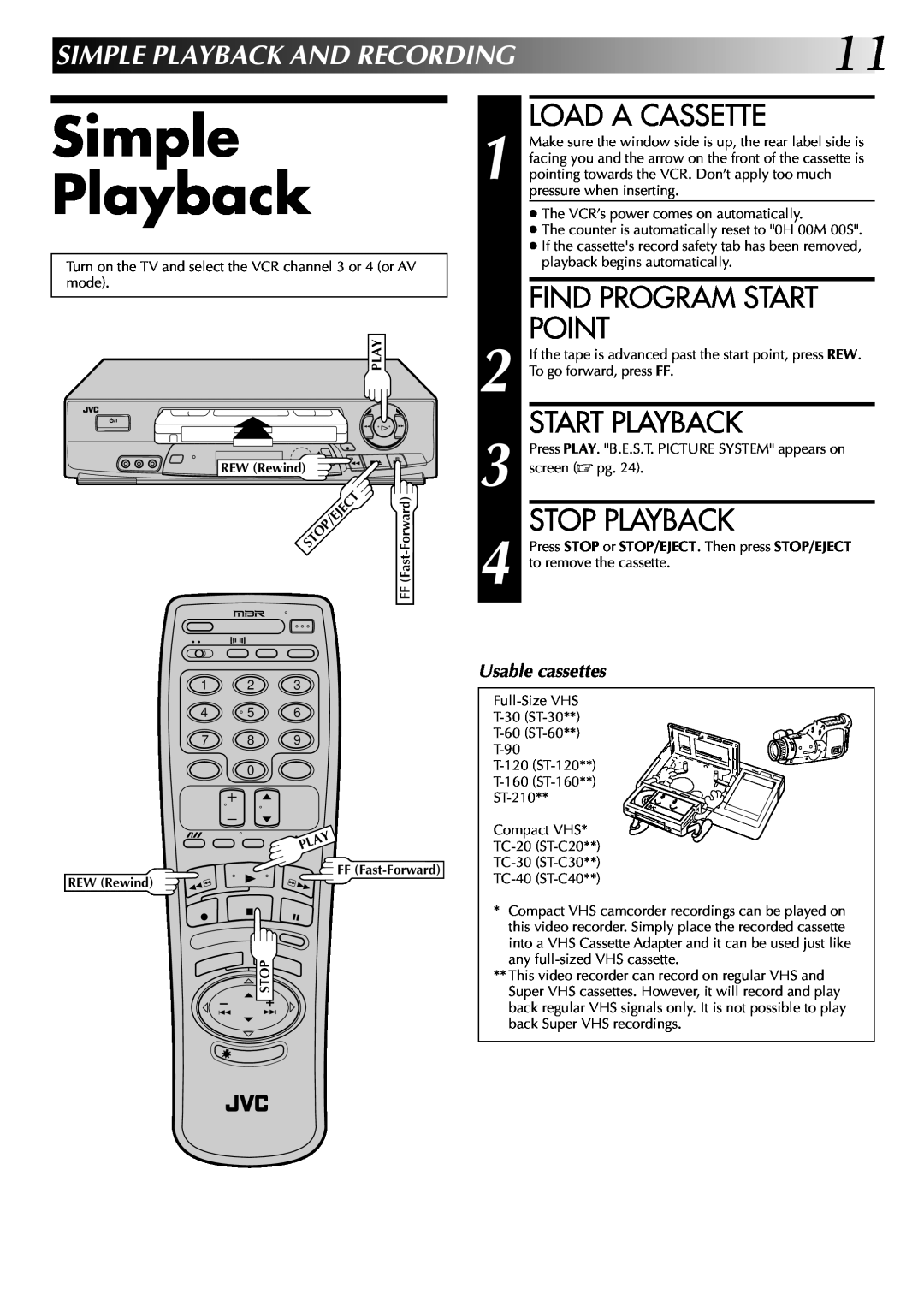 JVC HR-J7004UM Simple Playback, Load A Cassette, Find Program Start Point, Start Playback, Stop Playback, Usable cassettes 