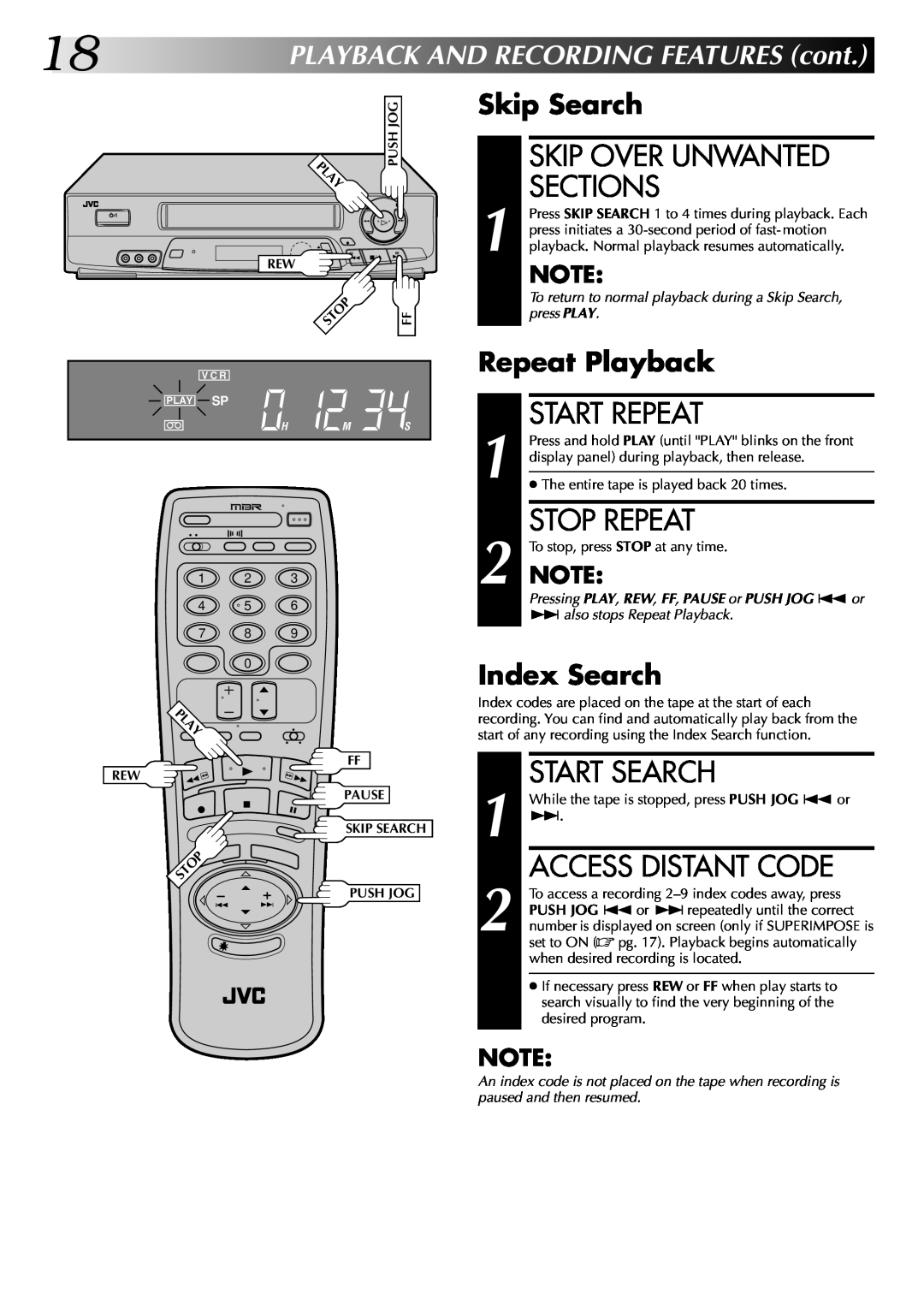 JVC HR-J7004UM Skip Over Unwanted Sections, Start Repeat, Stop Repeat, Start Search, Access Distant Code, Skip Search 