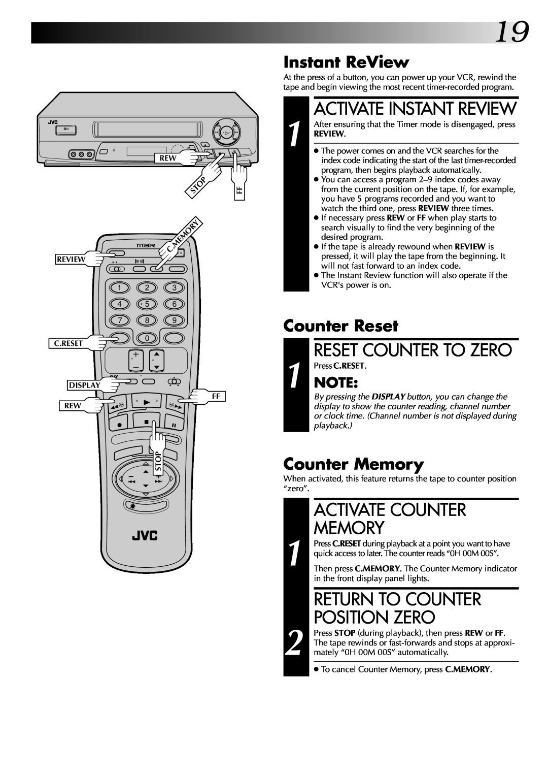 JVC HR-J7004UM manual Activate Counter, Return To Counter Position Zero, Instant ReView, Counter Reset, Counter Memory 