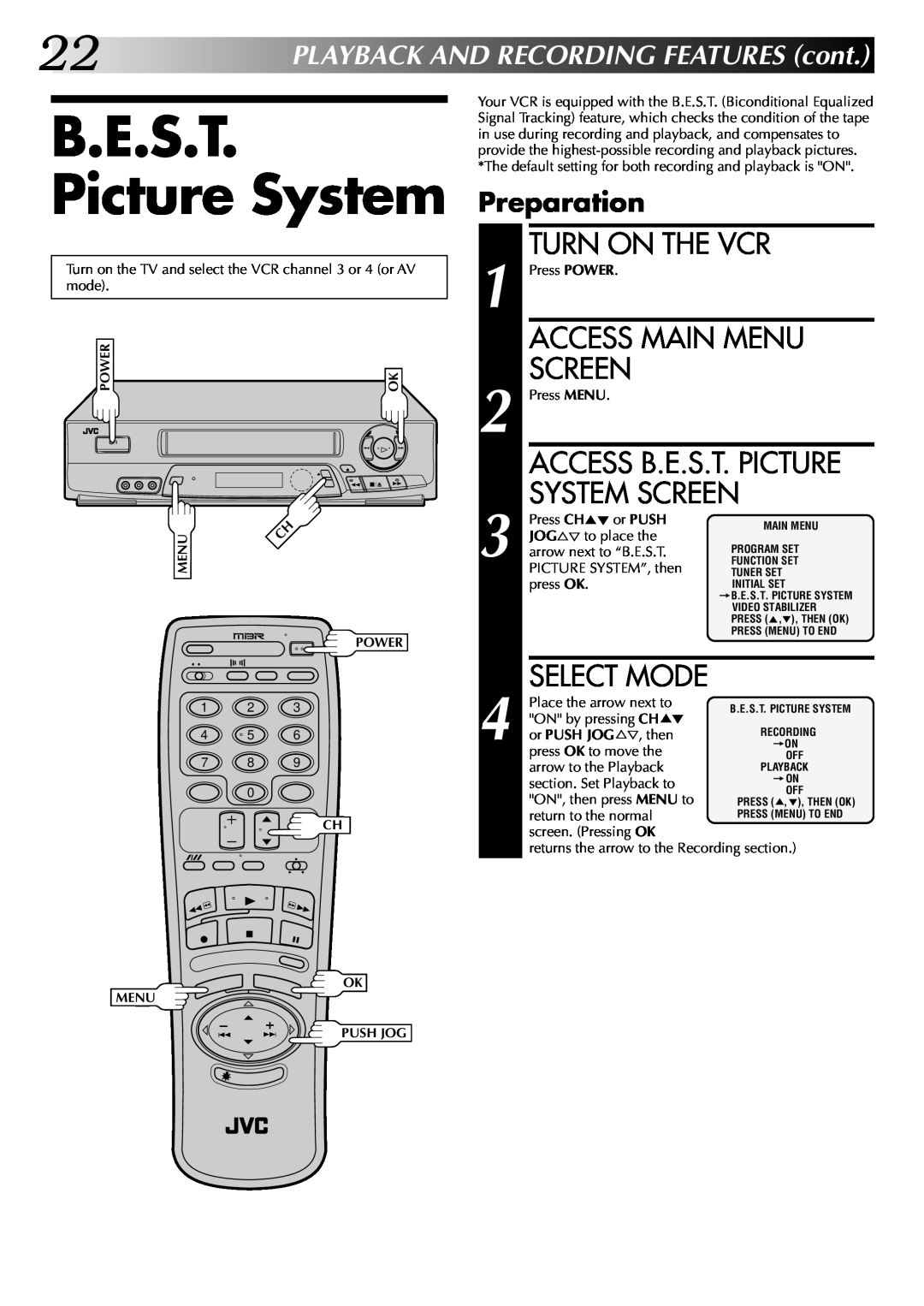 JVC HR-J7004UM manual B.E.S.T. Picture System, System Screen, Access B.E.S.T. Picture, Turn On The Vcr, Access Main Menu 