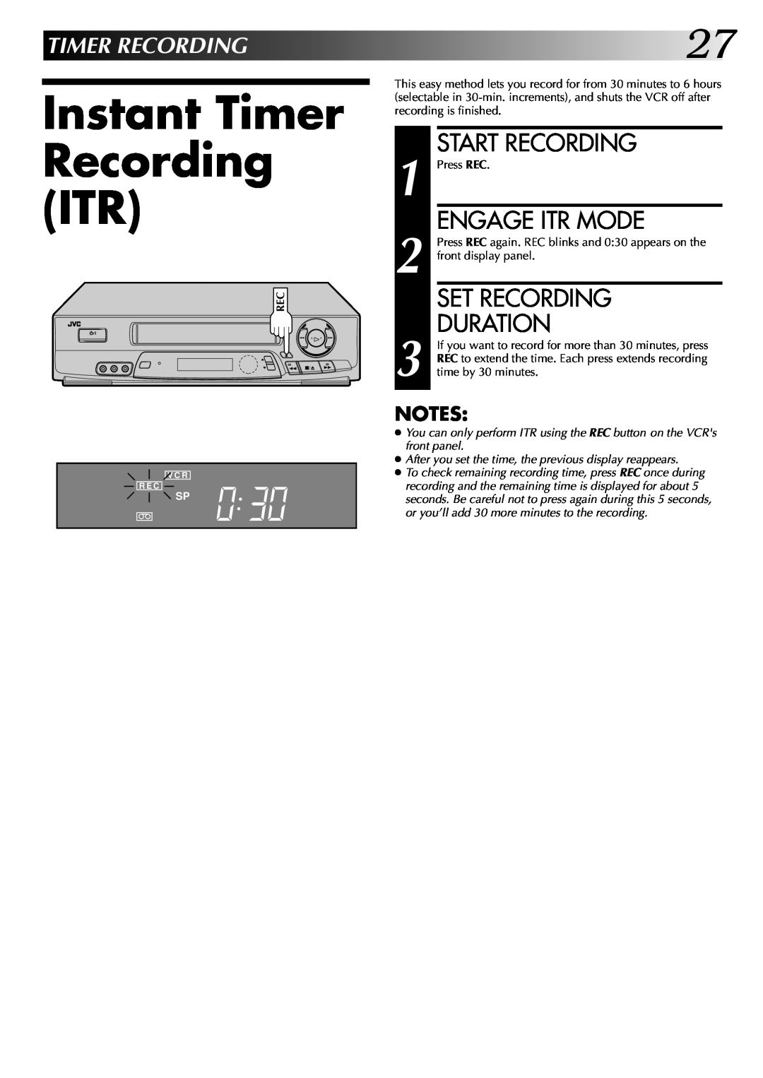 JVC HR-J7004UM manual Instant Timer Recording ITR, Engage Itr Mode, Set Recording Duration, Timerrecording, Start Recording 