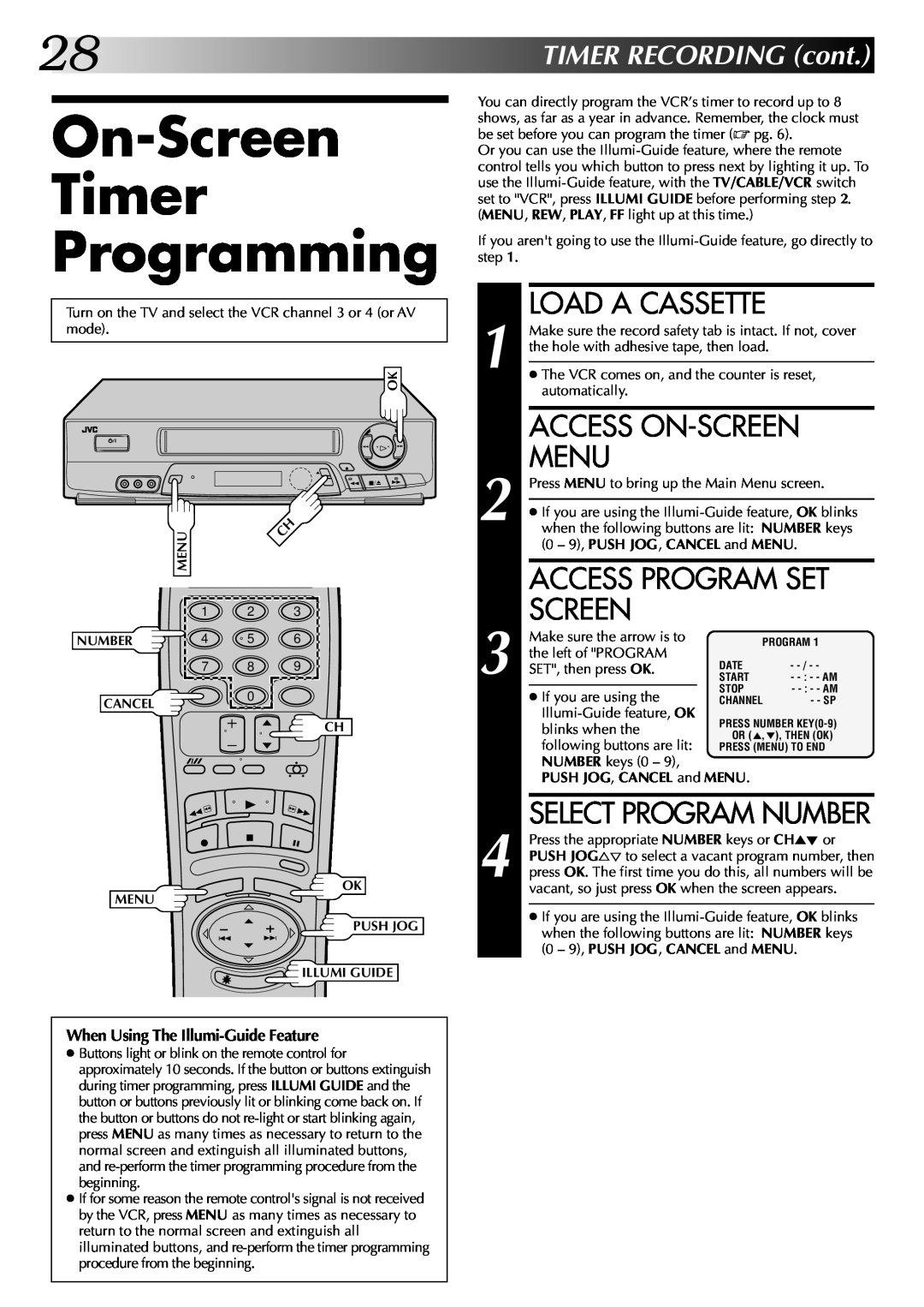 JVC HR-J7004UM manual On-Screen Timer Programming, Access Program Set, 28TIMERRECORDINGcont, Select Program Number, Menu 