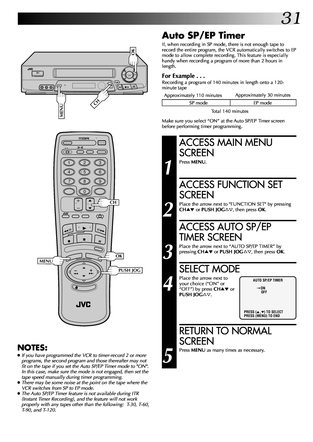 JVC HR-J7004UM manual Access Main Menu Screen, Auto SP/EP Timer, Access Auto Sp/Ep Timer Screen, Access Function Set Screen 