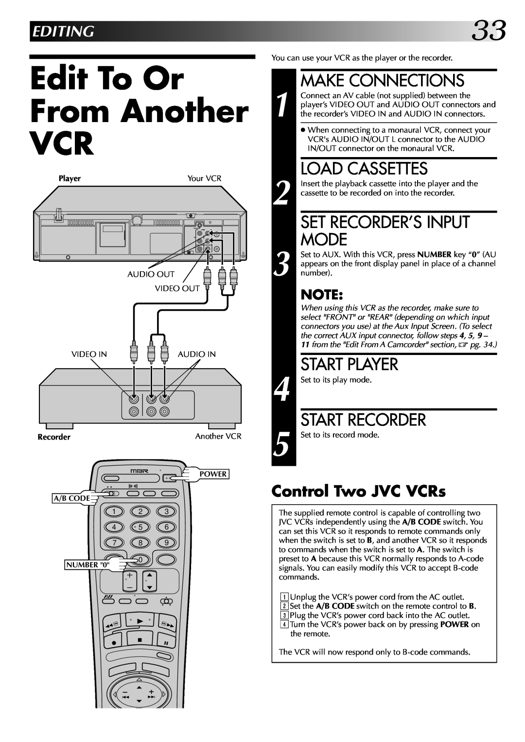JVC HR-J7004UM Edit To Or From Another VCR, Make Connections, Load Cassettes, Set Recorder’S Input Mode, Start Player 