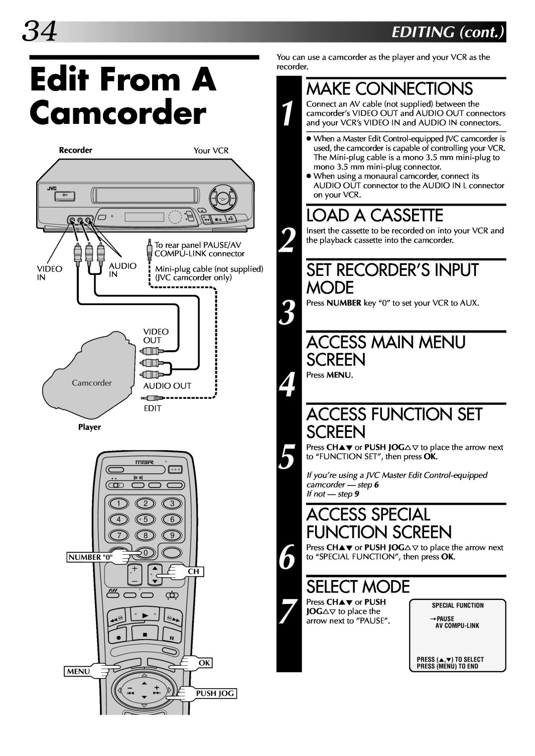 JVC HR-J7004UM manual Edit From A Camcorder, EDITINGcont 