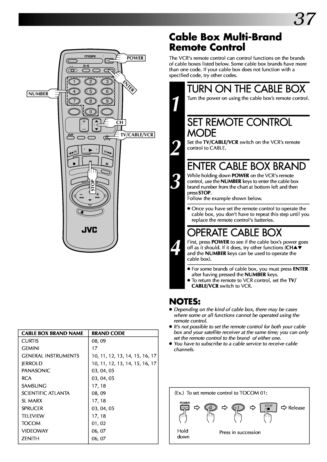 JVC HR-J7004UM manual Turn On The Cable Box, Enter Cable Box Brand, Operate Cable Box, Cable Box Multi-Brand Remote Control 