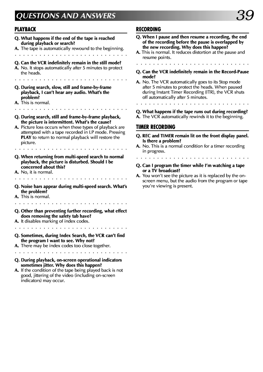 JVC HR-J7004UM manual QUESTIONSANDANSWERS39 