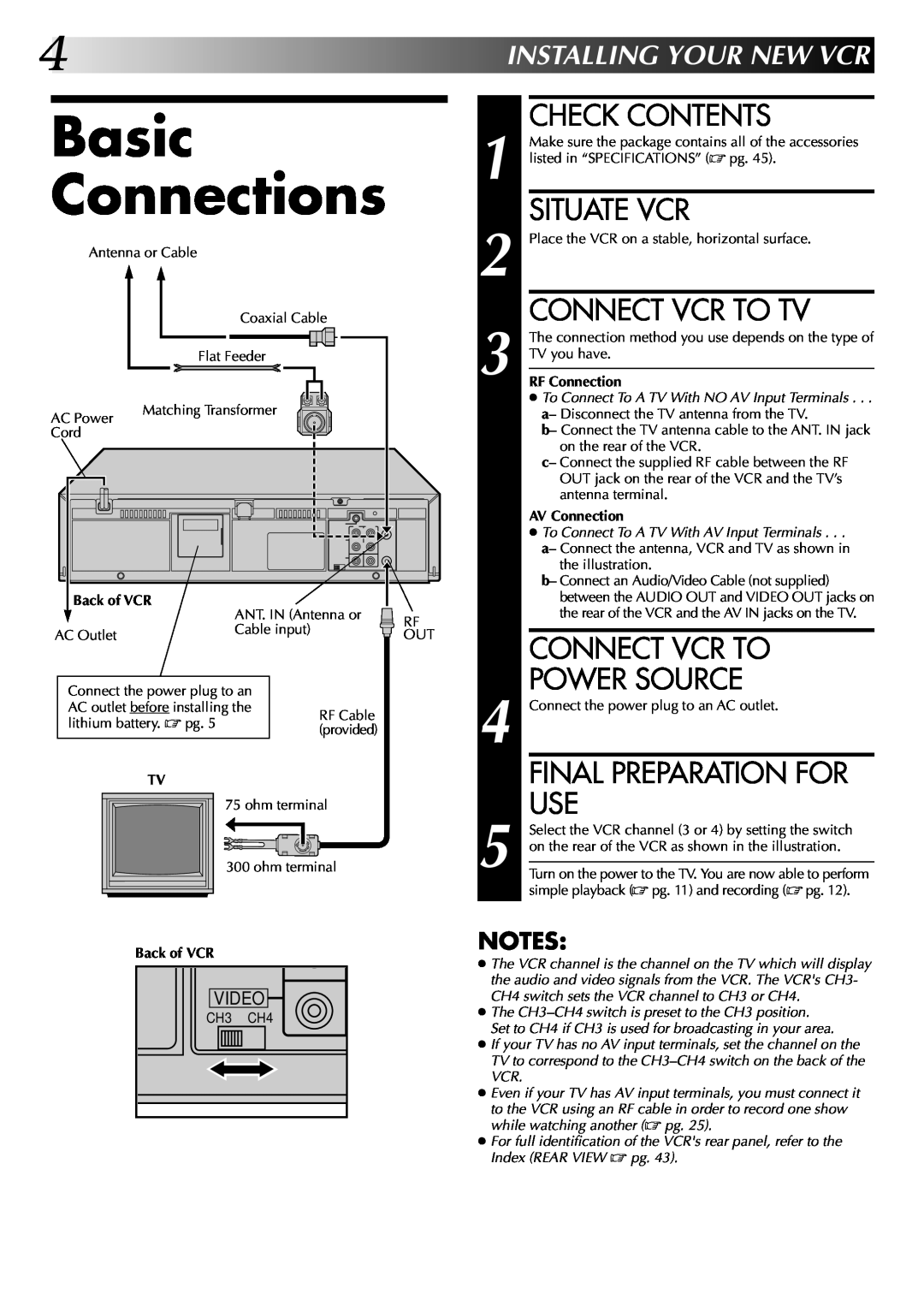JVC HR-J7004UM manual Basic Connections, Check Contents, Situate Vcr, Connect Vcr To Tv, Connect Vcr To Power Source, Video 