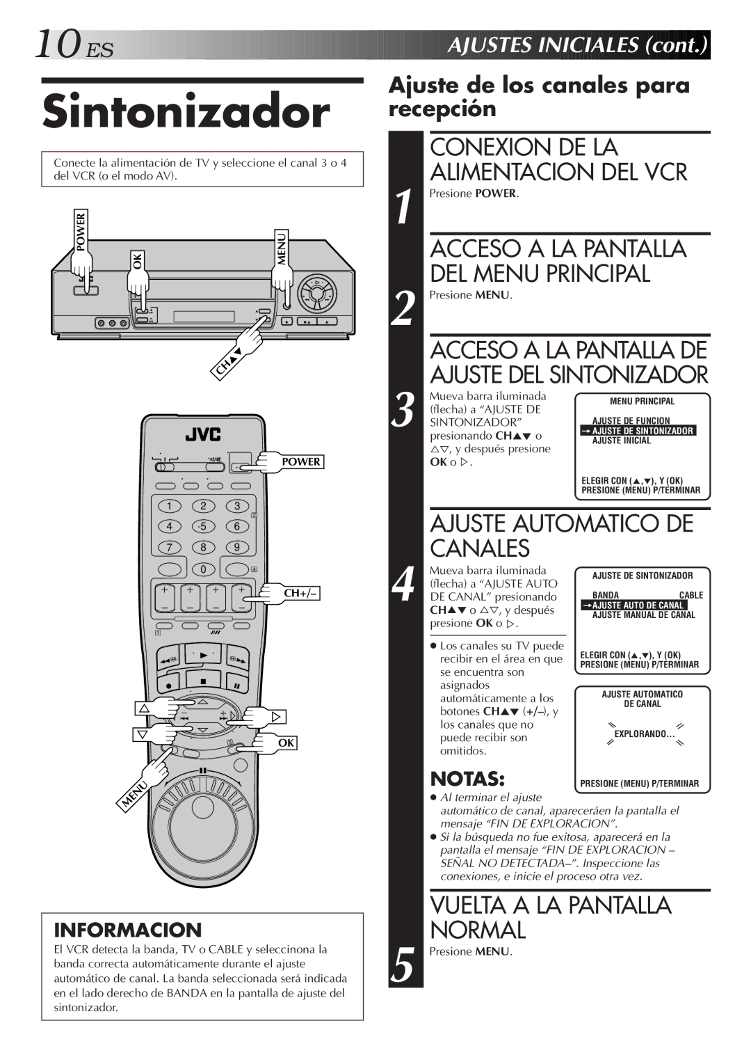 JVC HR-J7005UM manual Sintonizador, DEL Menu Principal, Ajuste Automatico DE, Canales, ES Ajustes Iniciales 