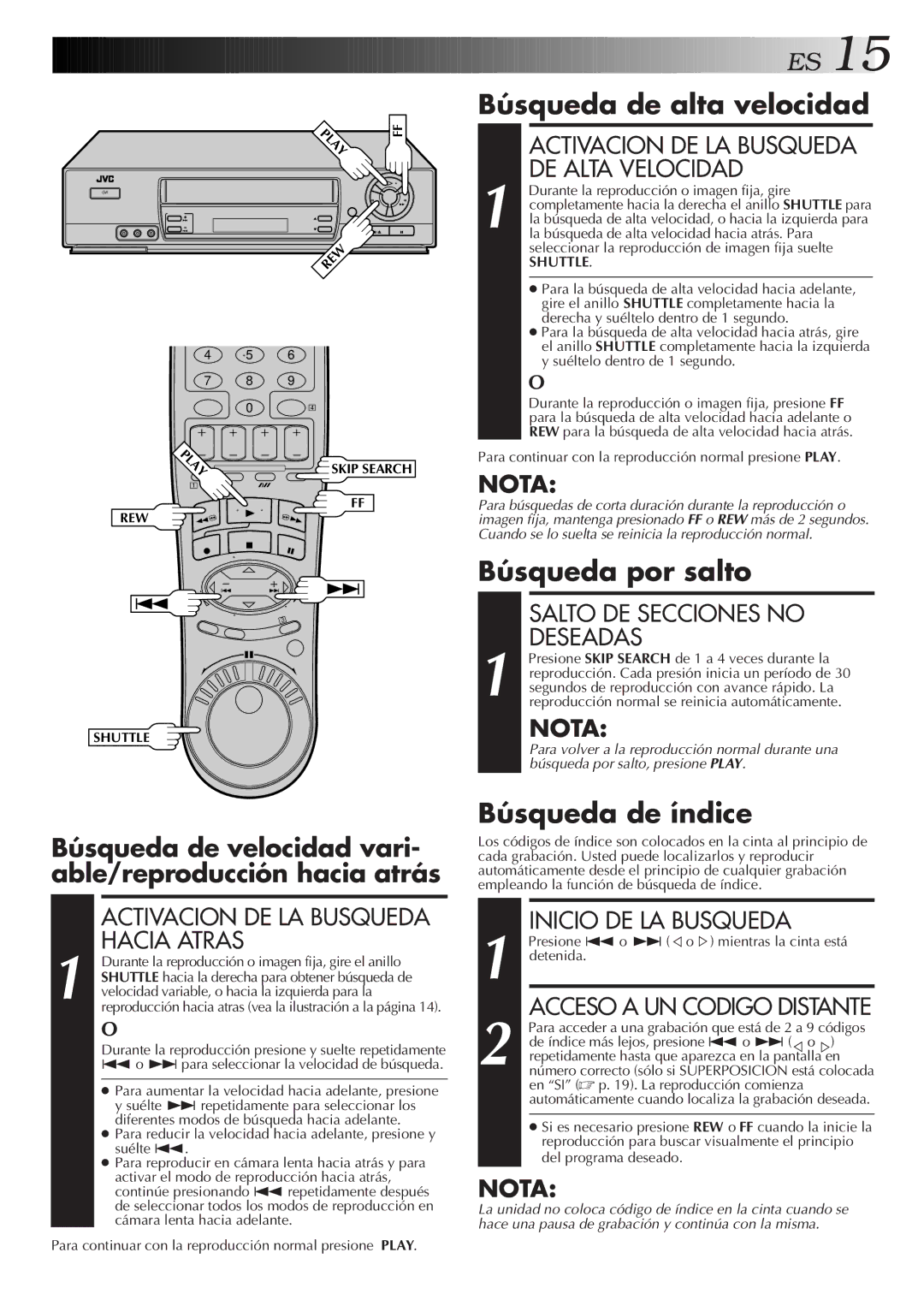 JVC HR-J7005UM manual Búsqueda de alta velocidad, Búsqueda por salto, Búsqueda de índice 