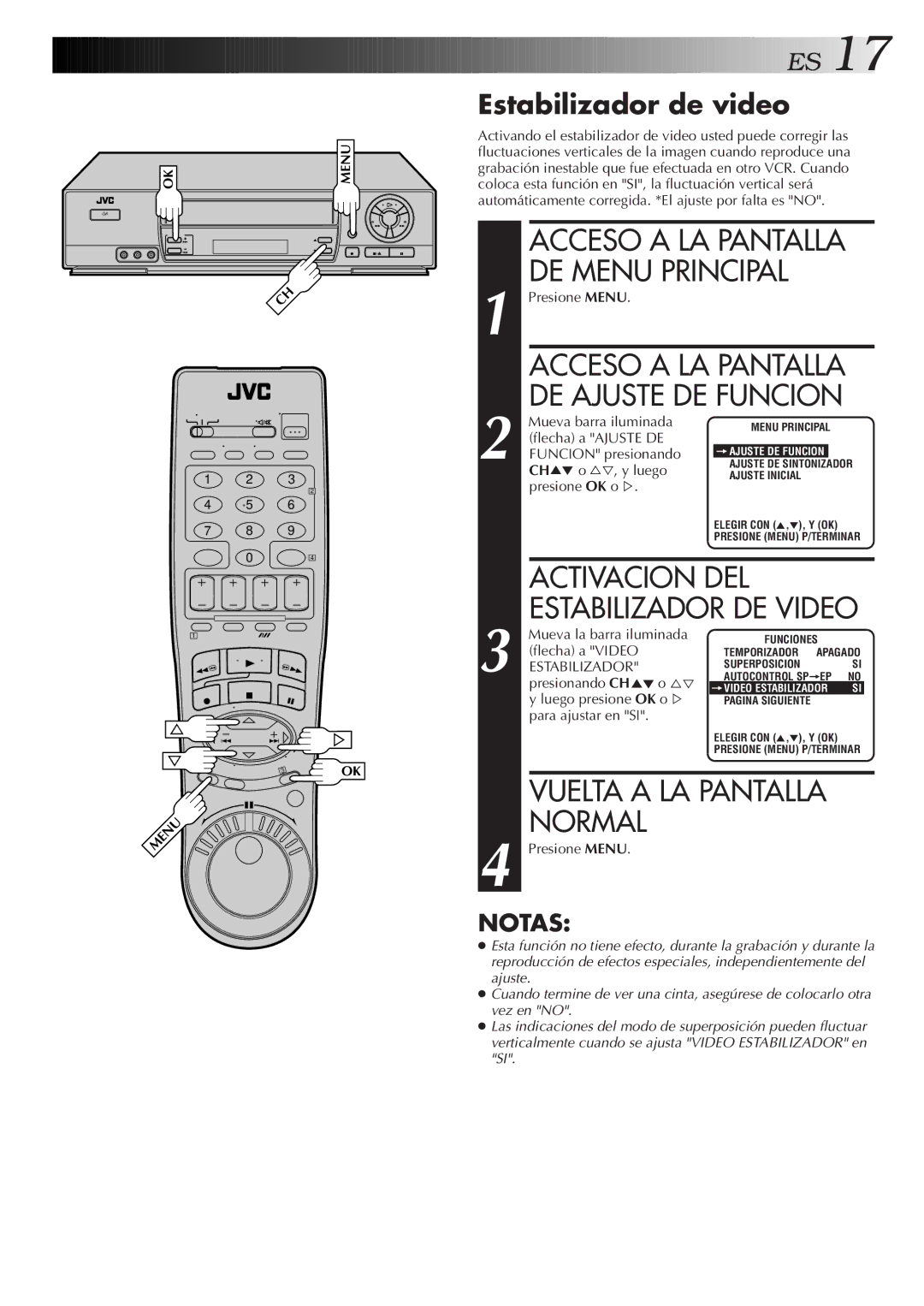 JVC HR-J7005UM Acceso a LA Pantalla DE Menu Principal, Activacion DEL, Estabilizador de video, Estabilizador DE Video 