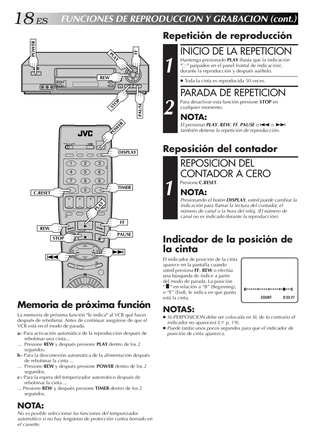 JVC HR-J7005UM manual Inicio DE LA Repeticion, Parada DE Repeticion, Reposicion DEL, Contador a Cero 