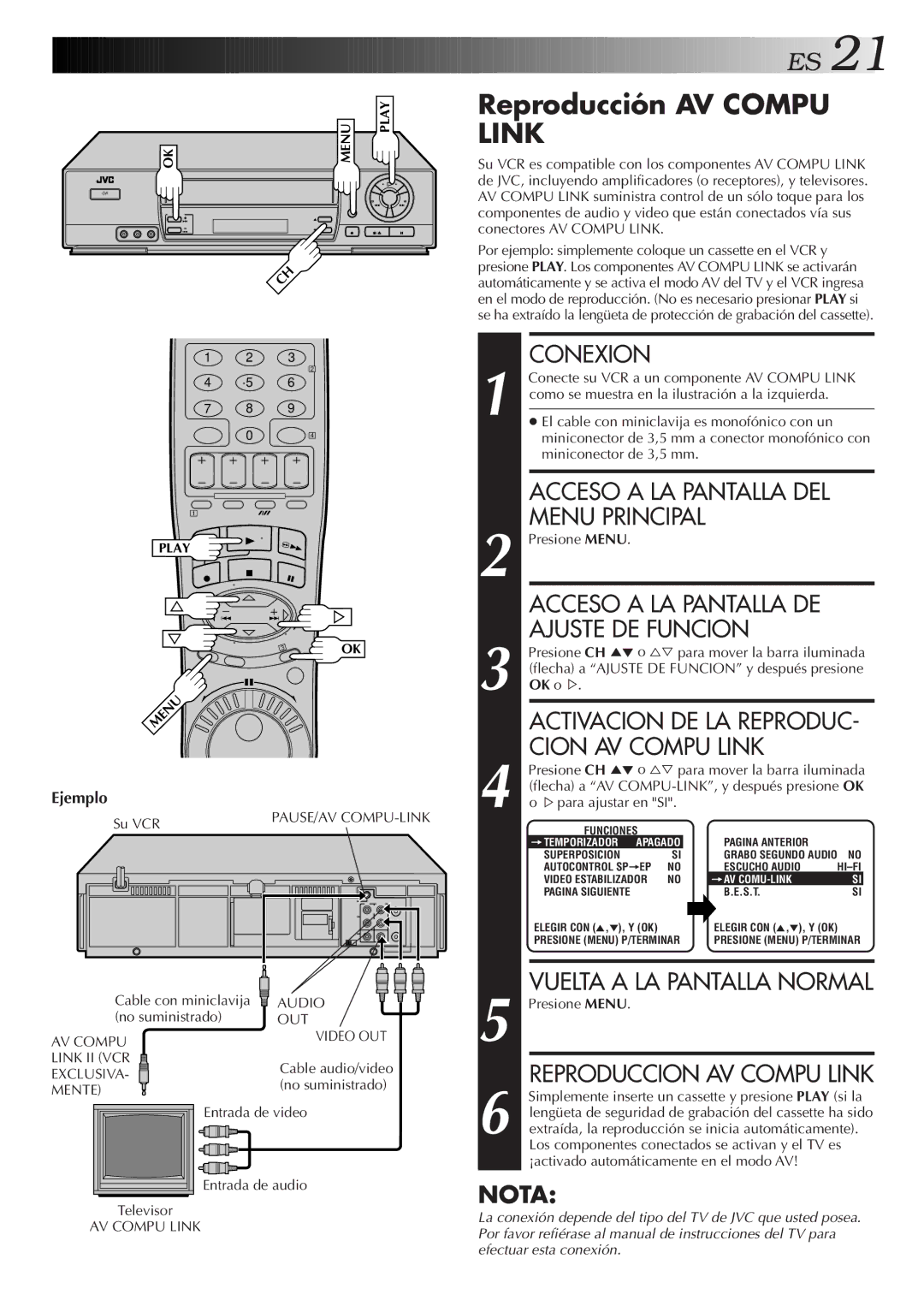 JVC HR-J7005UM manual Reproducción AV Compu Link, Conexion, Ejemplo 