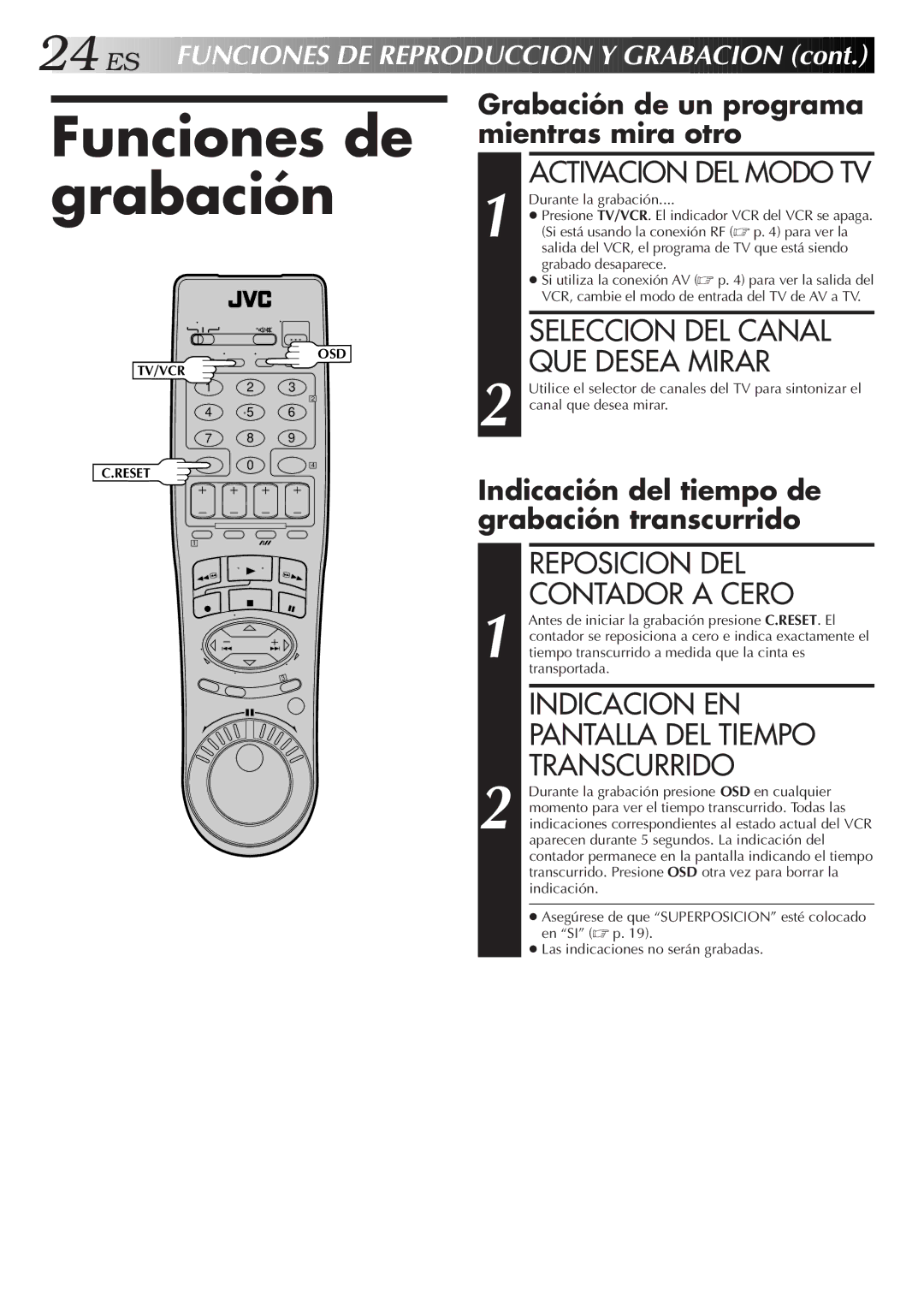 JVC HR-J7005UM Funciones de grabación, Reposicion DEL Contador a Cero, Indicacion EN Pantalla DEL Tiempo Transcurrido 