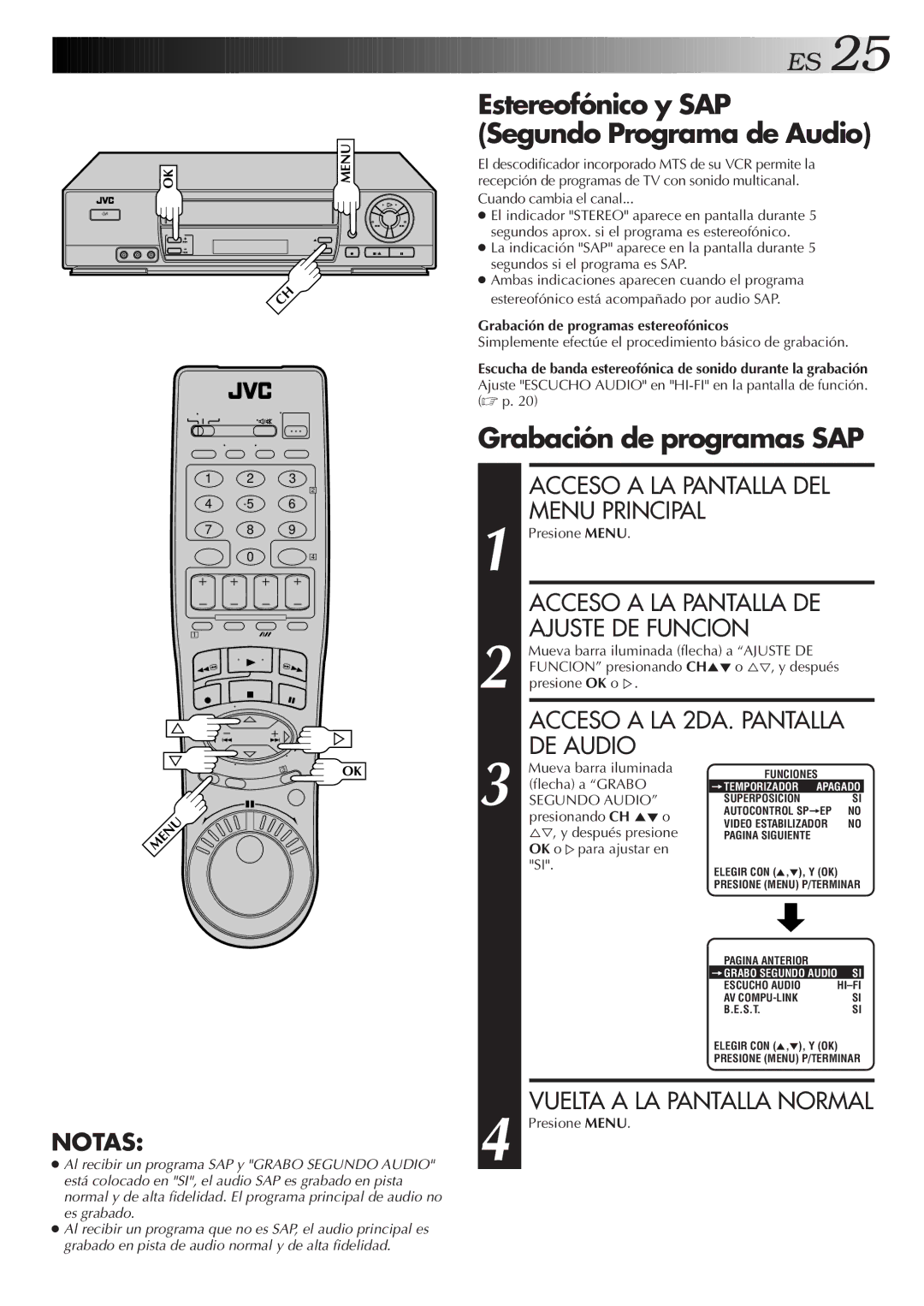 JVC HR-J7005UM manual Estereofónico y SAP Segundo Programa de Audio, Grabación de programas SAP, DE Audio 