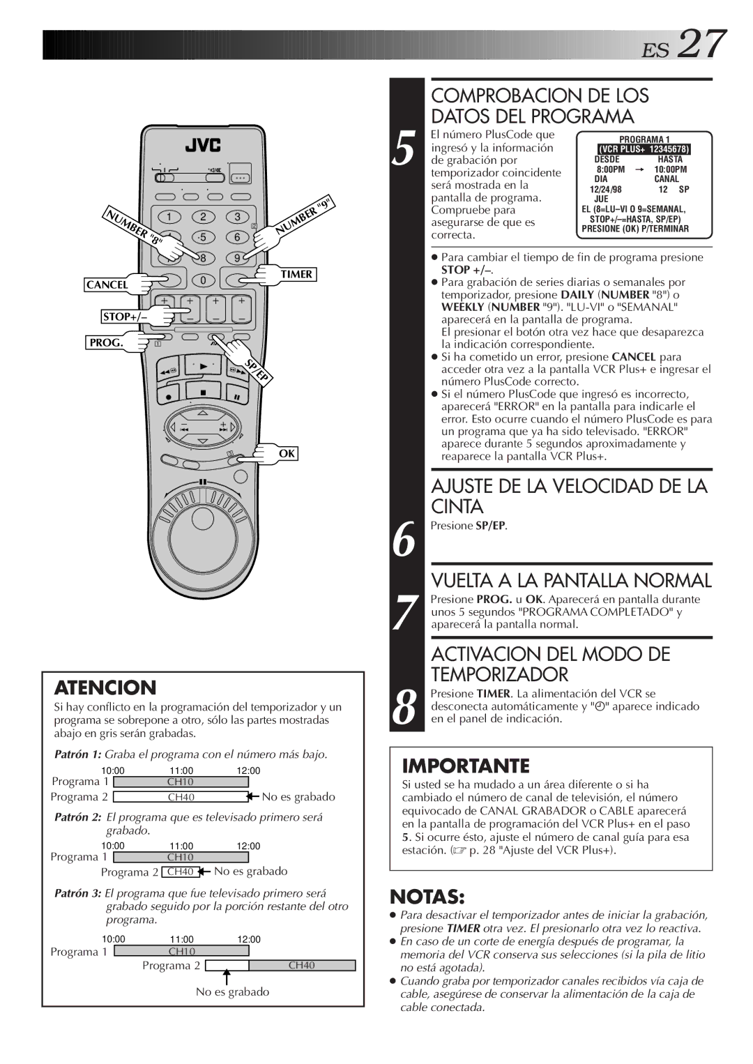 JVC HR-J7005UM manual Comprobacion DE LOS, Activacion DEL Modo DE, Temporizador, Stop + 