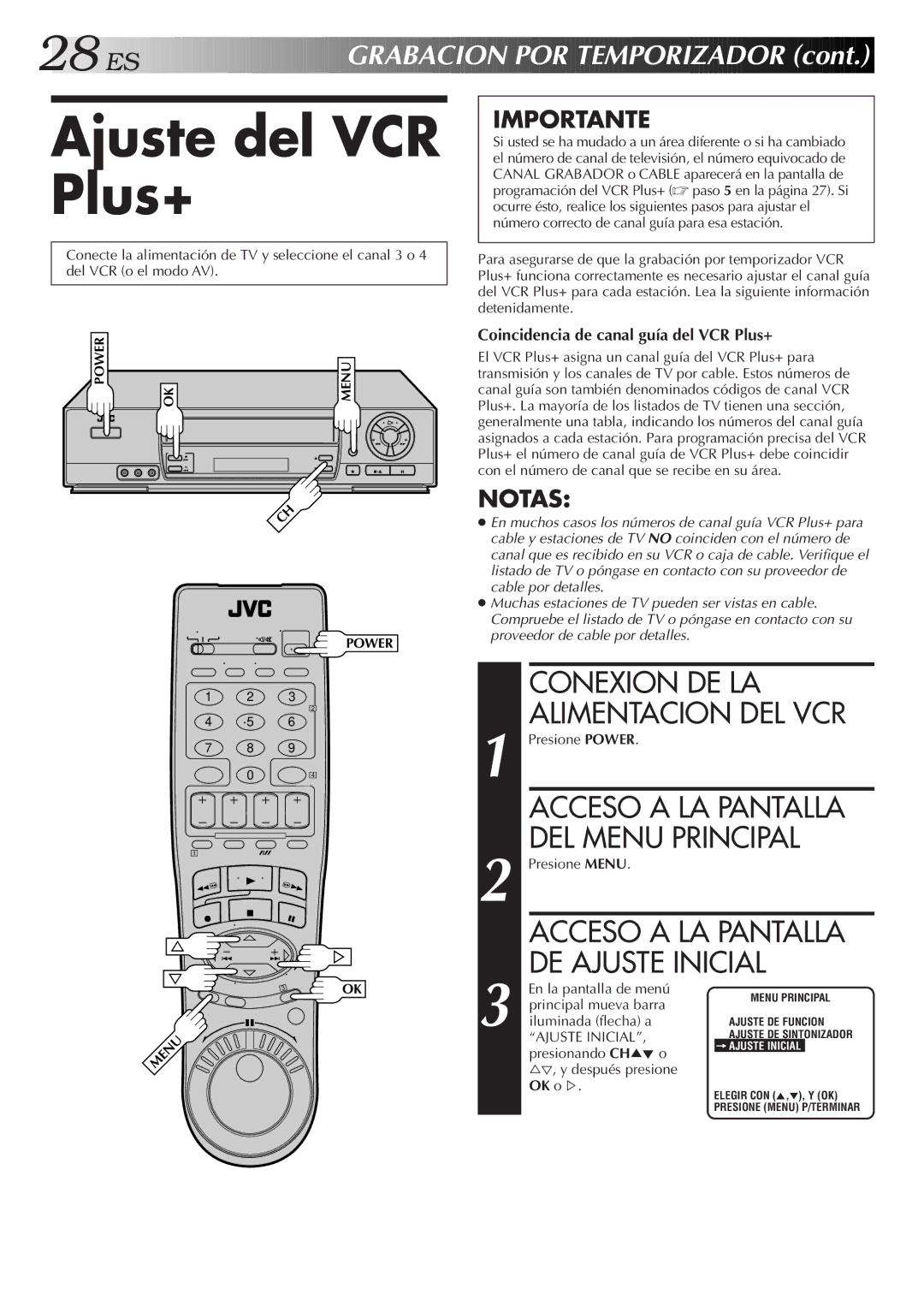 JVC HR-J7005UM manual Ajuste del VCR Plus+, Grabacion POR Temporizador, Acceso a LA Pantalla DE Ajuste Inicial 