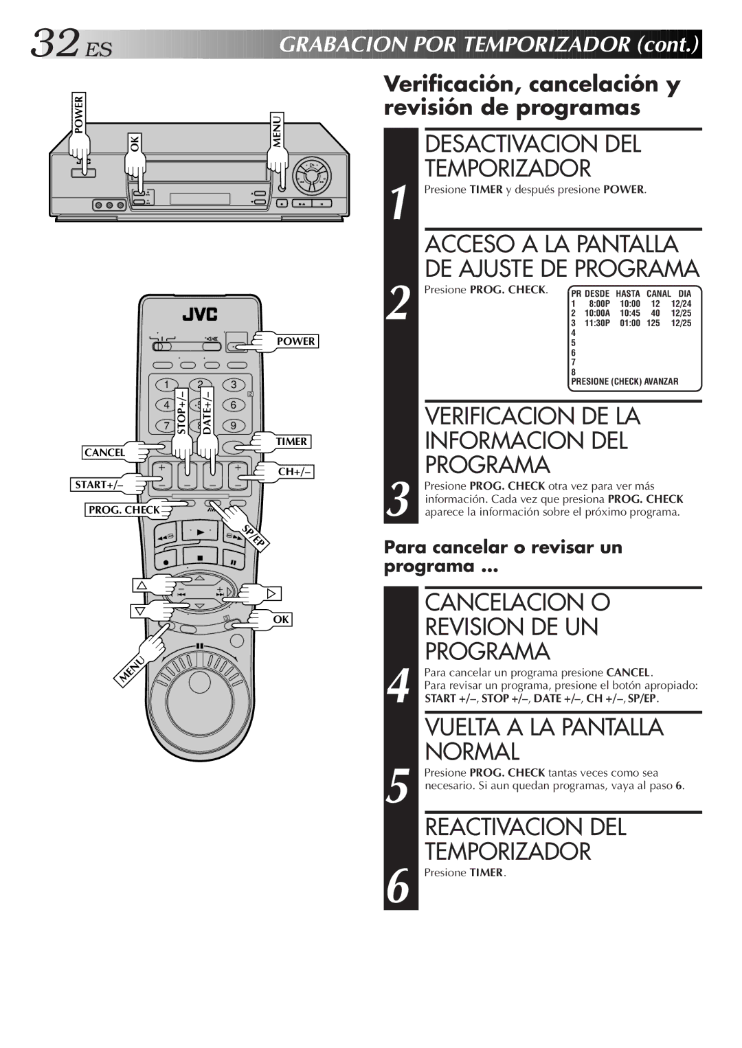 JVC HR-J7005UM manual Verificación, cancelación y revisión de programas 