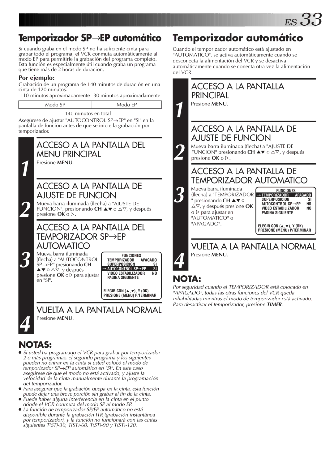 JVC HR-J7005UM manual Temporizador automático, Acceso a LA Pantalla DEL Temporizador SP→EP Automatico 