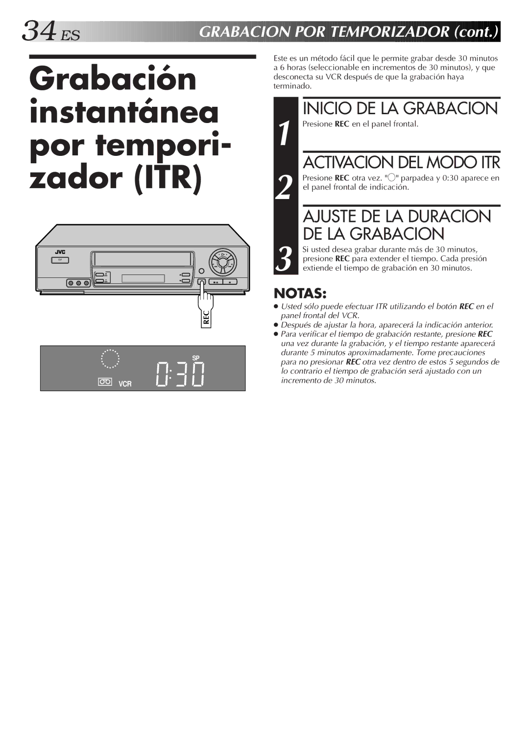 JVC HR-J7005UM Grabación Instantánea por tempori- zador ITR, Activacion DEL Modo ITR, Presione REC en el panel frontal 