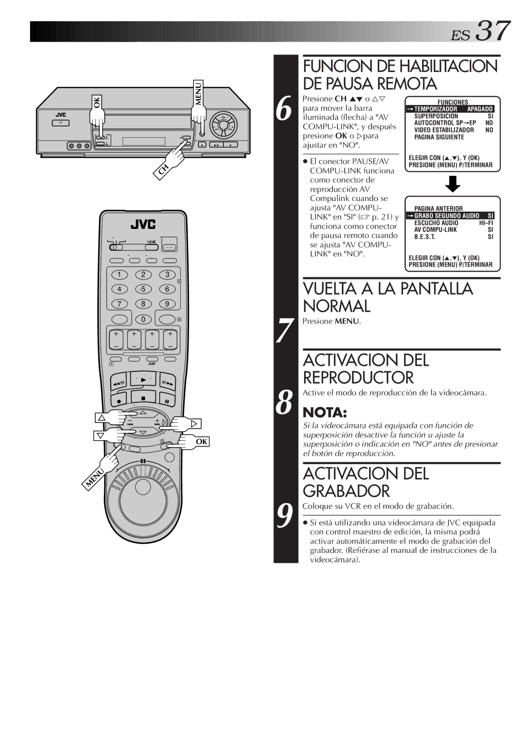 JVC HR-J7005UM manual Funcion DE Habilitacion DE Pausa Remota 