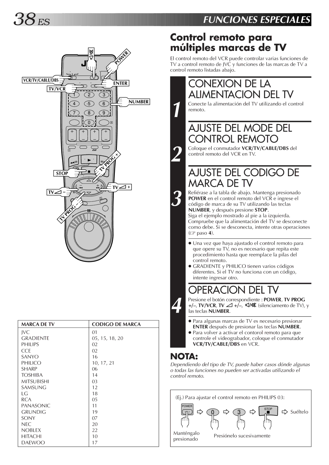 JVC HR-J7005UM manual Ajuste DEL Mode DEL Control Remoto, Ajuste DEL Codigo DE Marca DE TV, Operacion DEL TV 