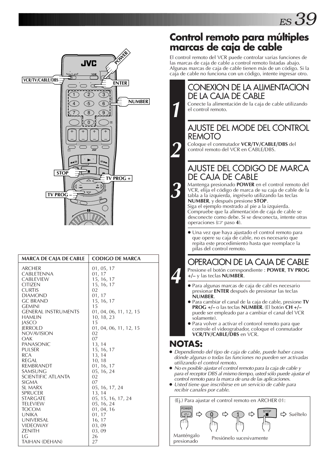 JVC HR-J7005UM manual Control remoto para múltiples marcas de caja de cable, DE LA Caja DE Cable, Remoto, DE Caja DE Cable 