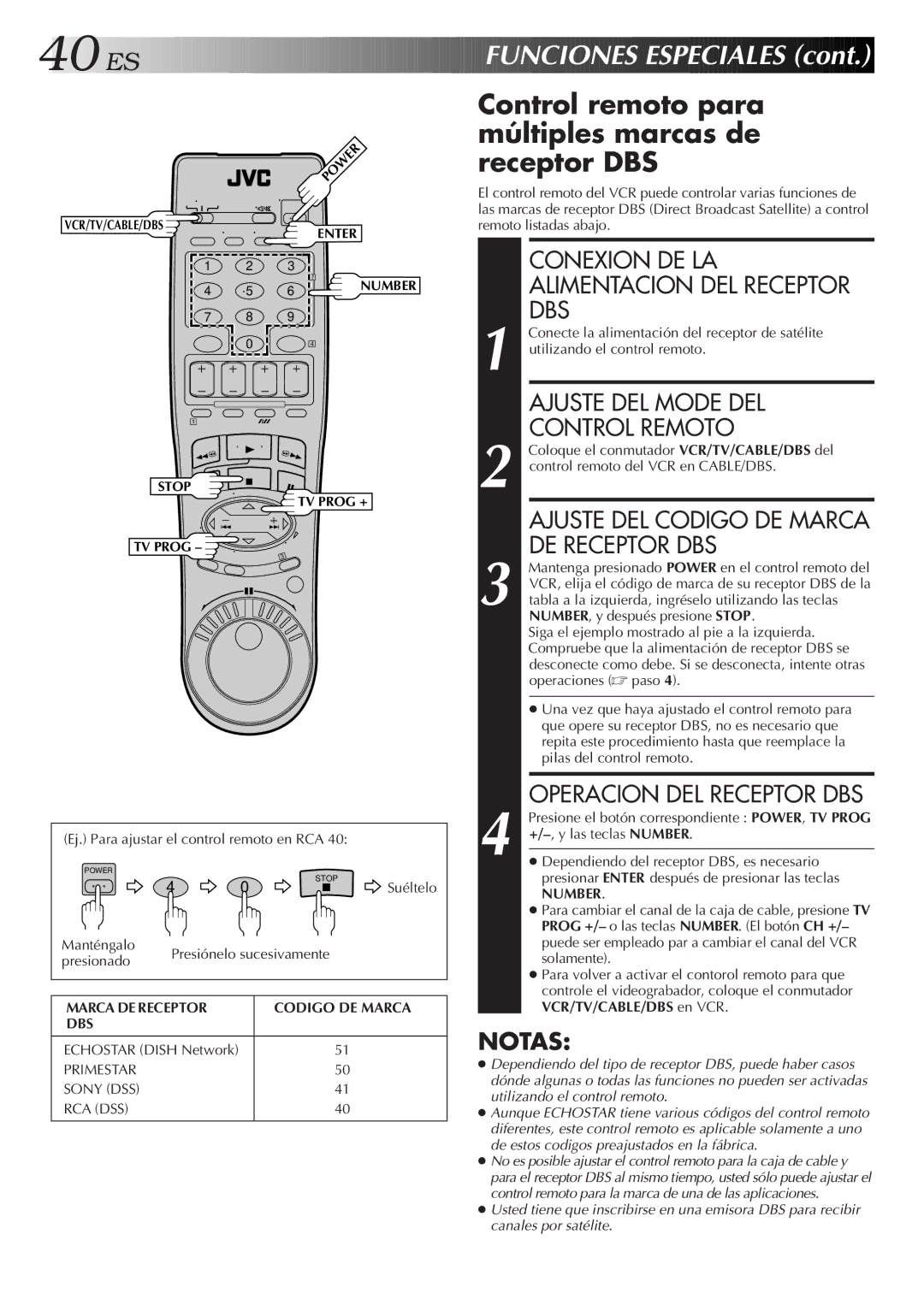 JVC HR-J7005UM manual Control remoto para múltiples marcas de receptor DBS 