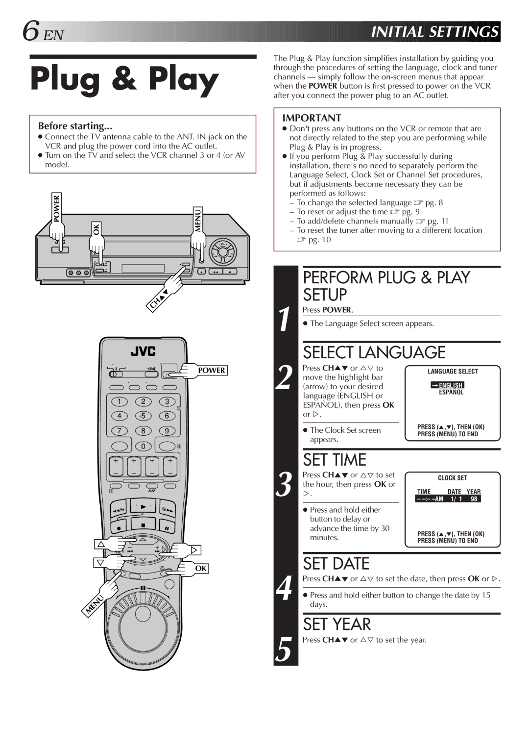 JVC HR-J7005UM manual Perform Plug & Play Setup, SET Time, SET Date, SET Year, EN I Nitial Sett Ings 